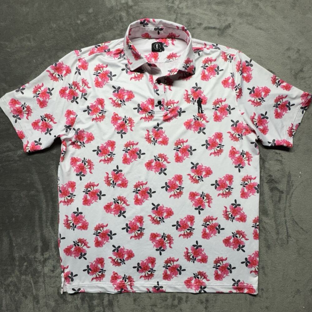 USAG U Suck‎ At Golf Polo Shirt Mens XL Hibiscus Floral All Over Print AOP Pink